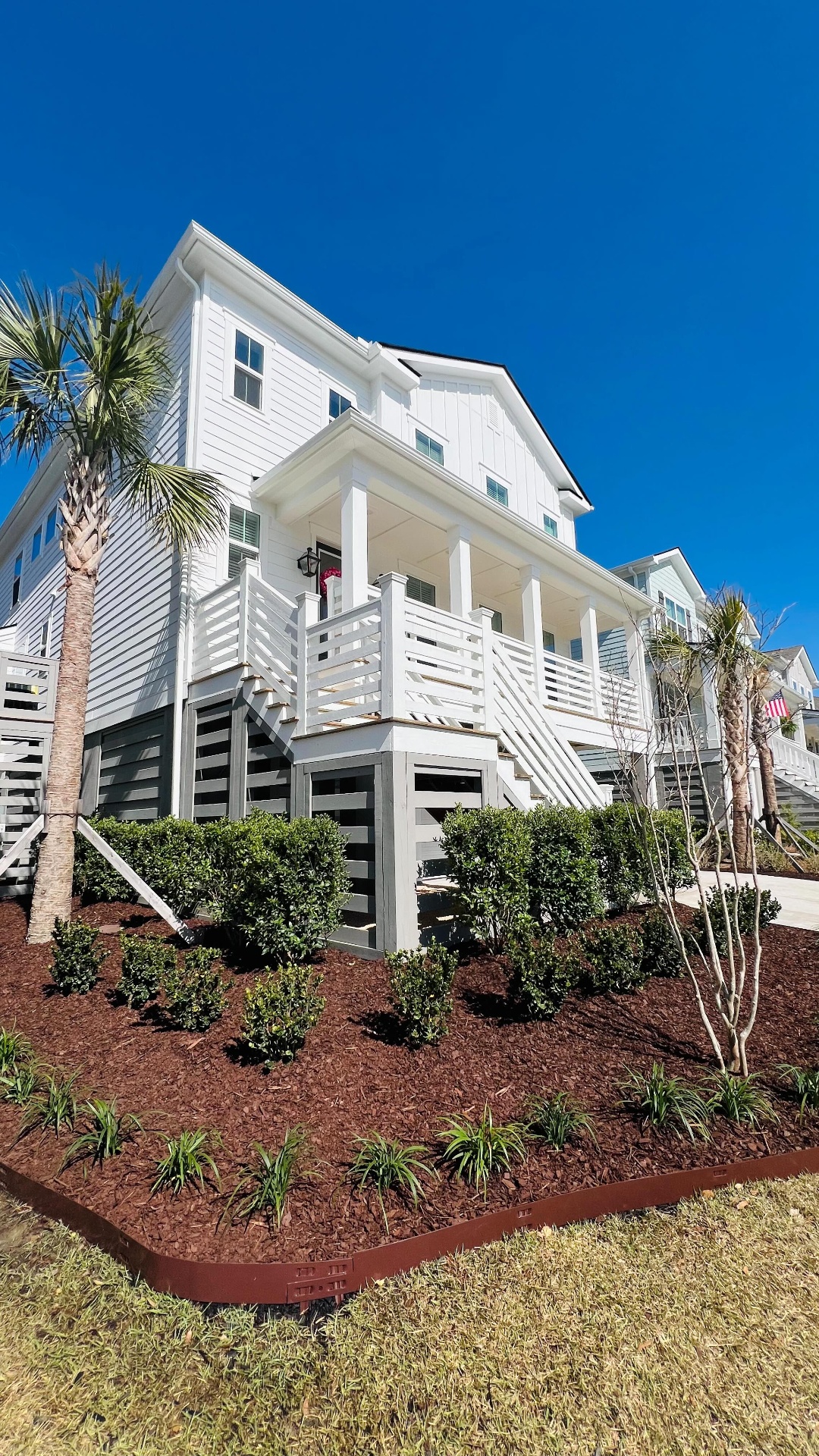 Fresh boxwoods, lily turf, and crepe myrtles framing a new build — Daniel Island.